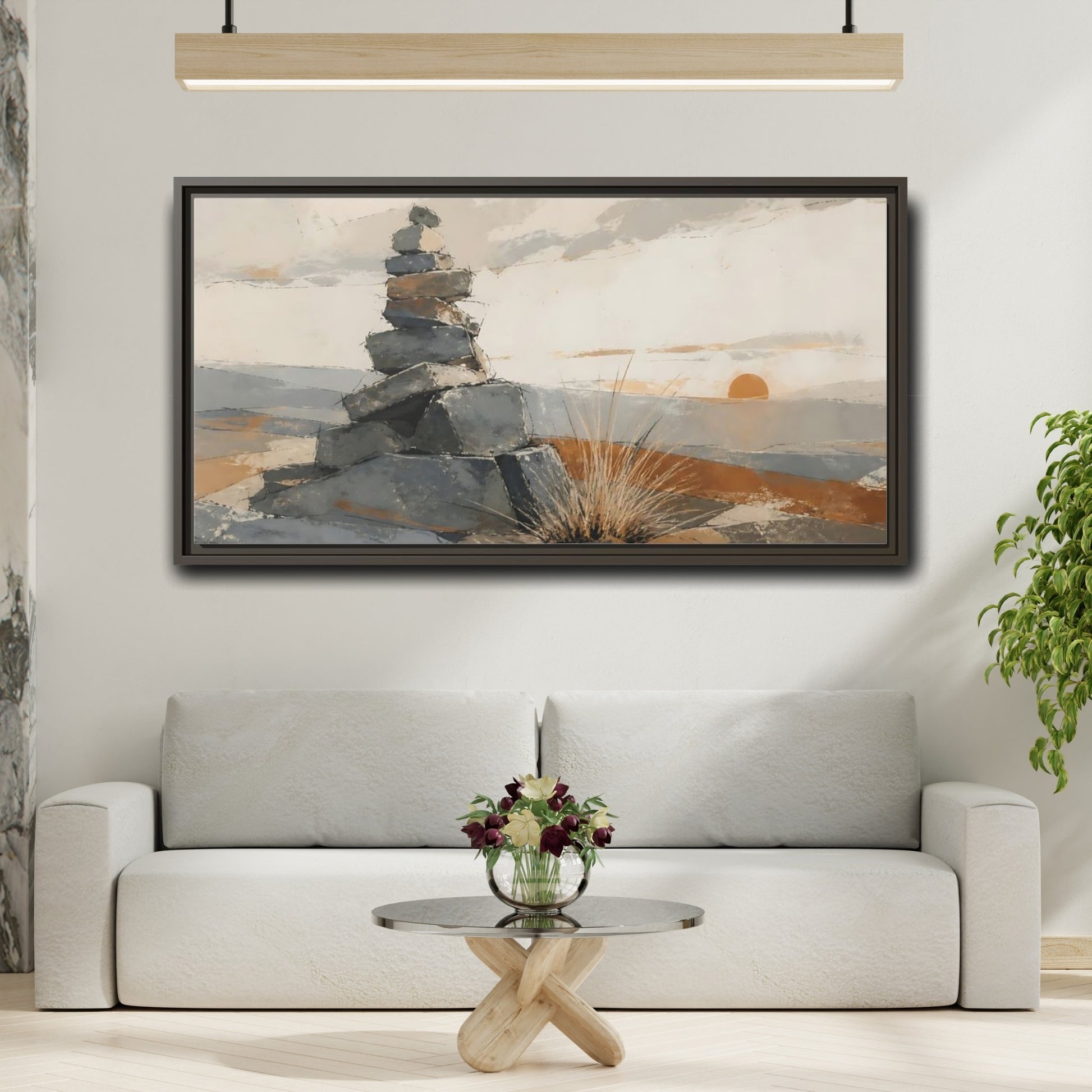 Mockup 2. Sunrise Stone Cairn shown as framed canvas print