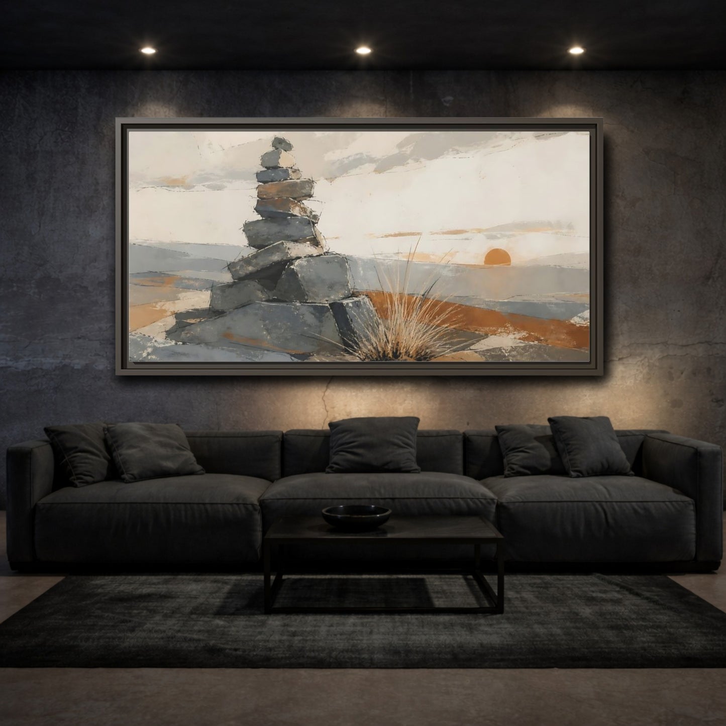 Mockup 3. Sunrise Stone Cairn shown as framed canvas print