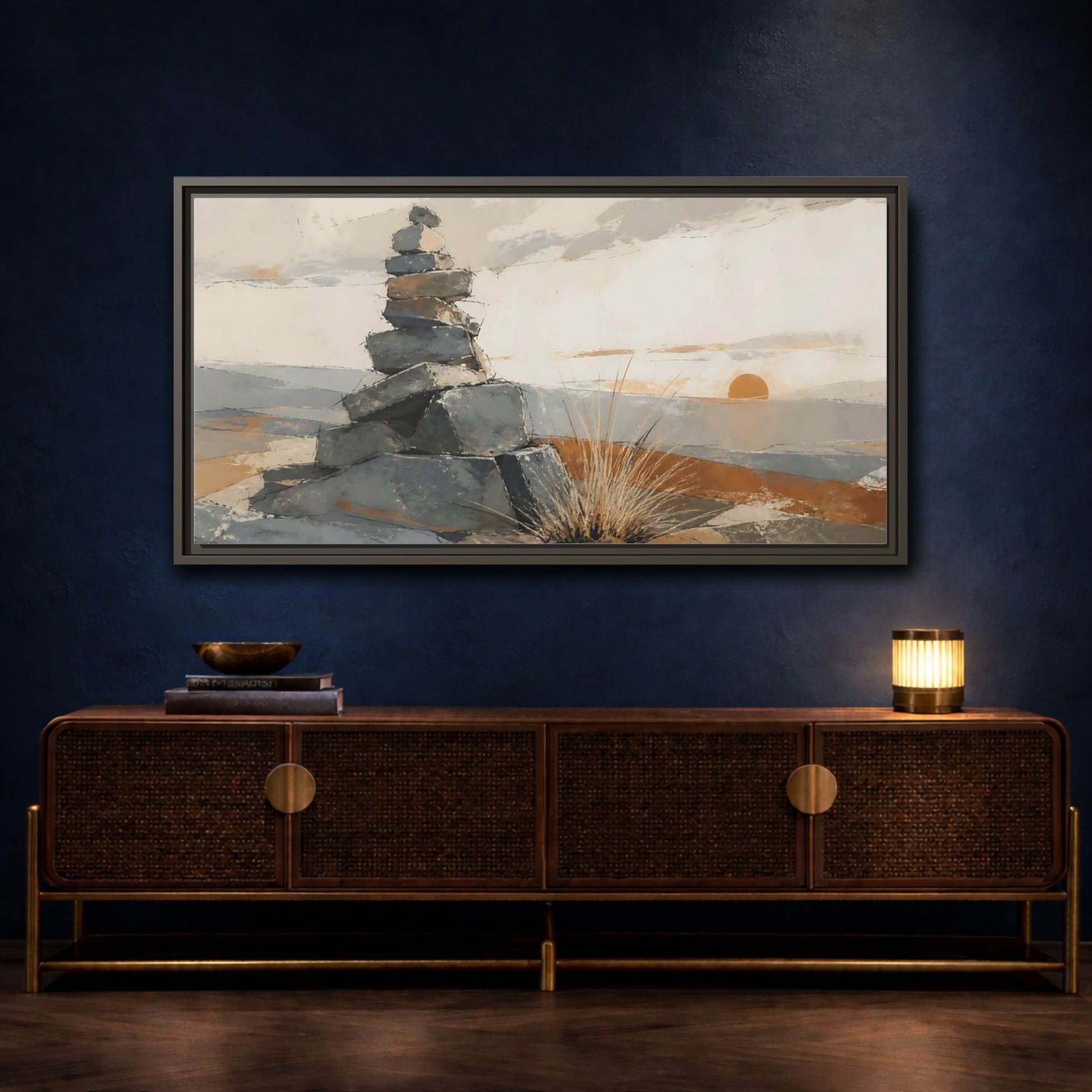 Mockup 4. Sunrise Stone Cairn shown as framed canvas print
