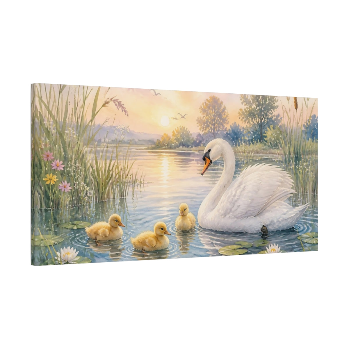 Main Mockup. Sunrise Swan And Ducklings shown as canvas print