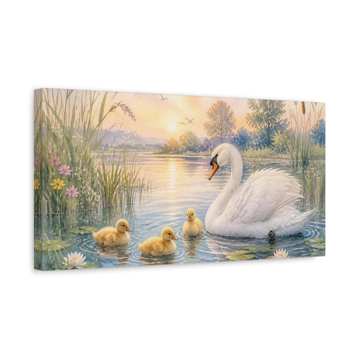 Side Mockup 3. Sunrise Swan And Ducklings shown as canvas print