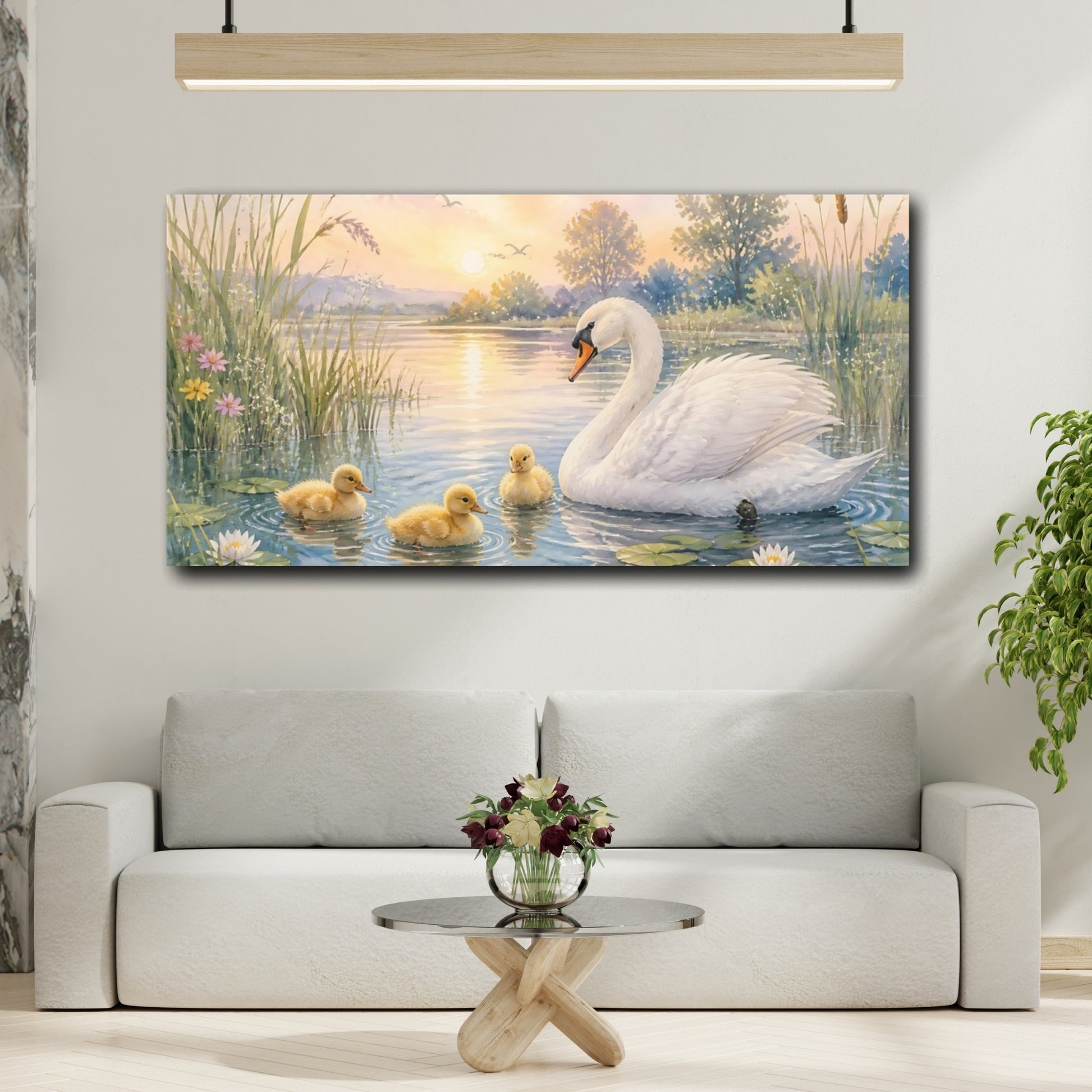 Mockup 2. Sunrise Swan And Ducklings shown as canvas print