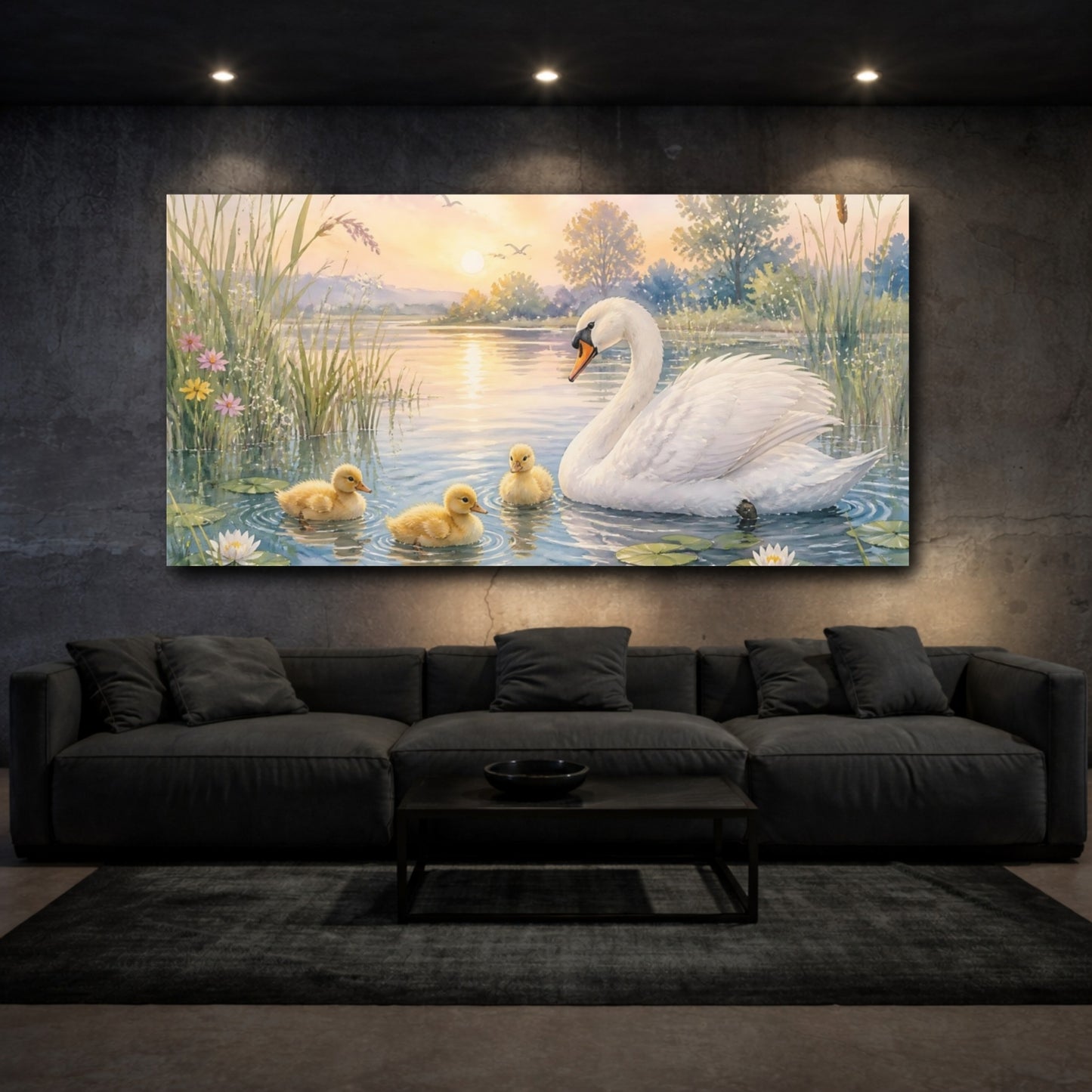 Mockup 3. Sunrise Swan And Ducklings shown as canvas print