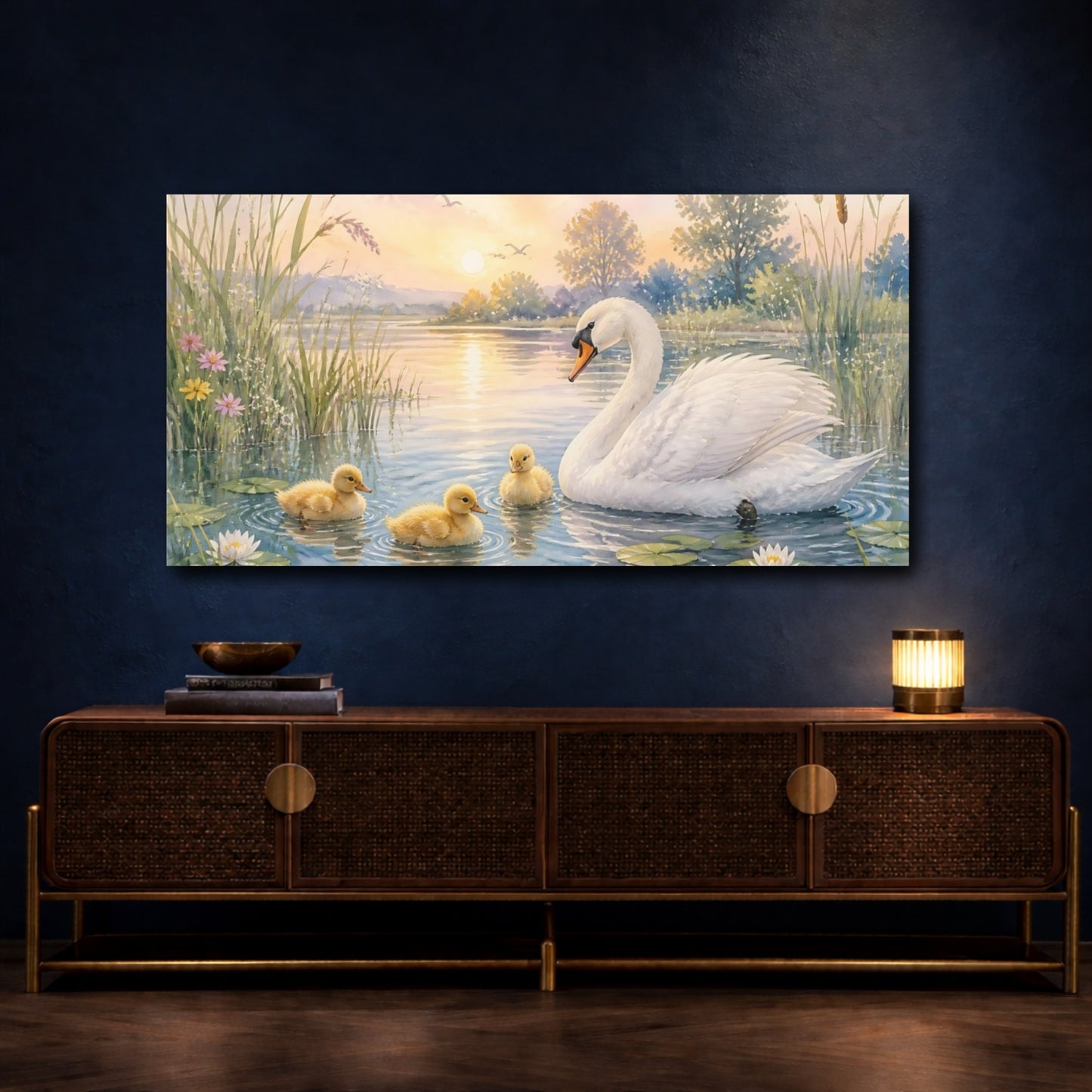 Mockup 4. Sunrise Swan And Ducklings shown as canvas print