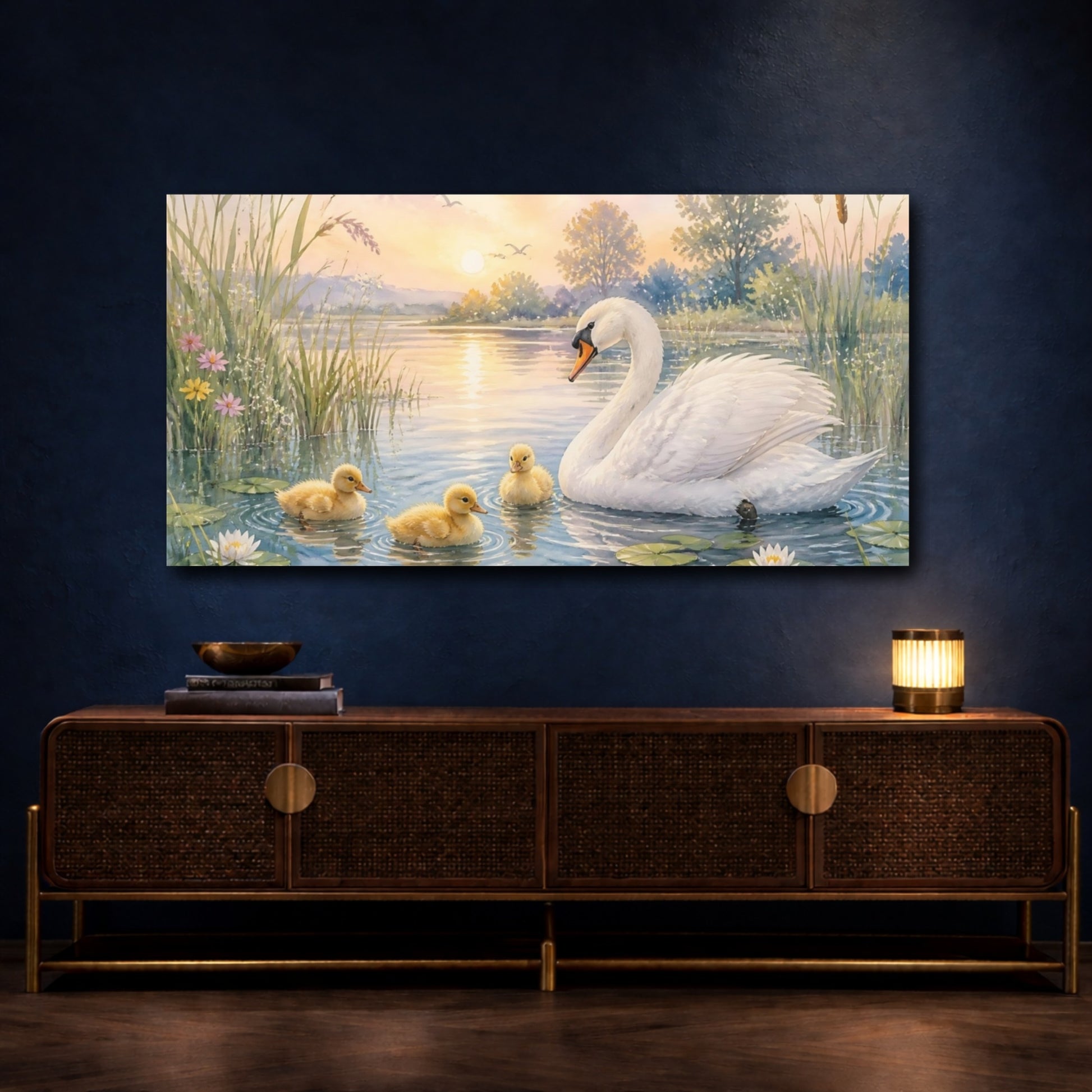 Mockup 4. Sunrise Swan And Ducklings shown as canvas print