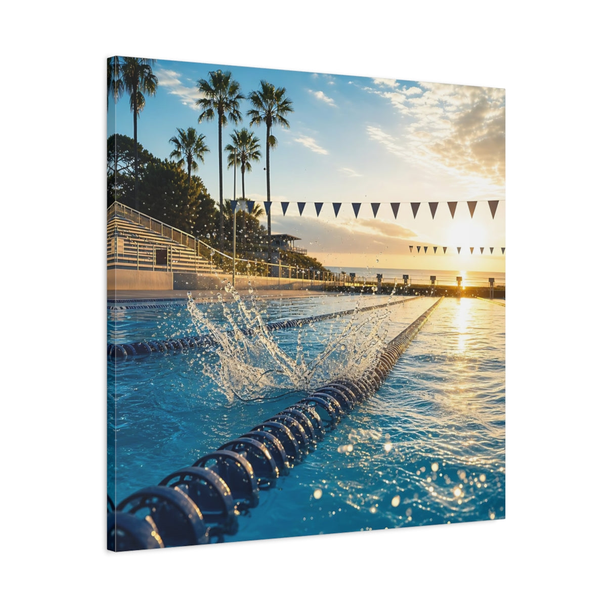 Side Mockup 3. Sunrise Swim Lane shown as canvas print