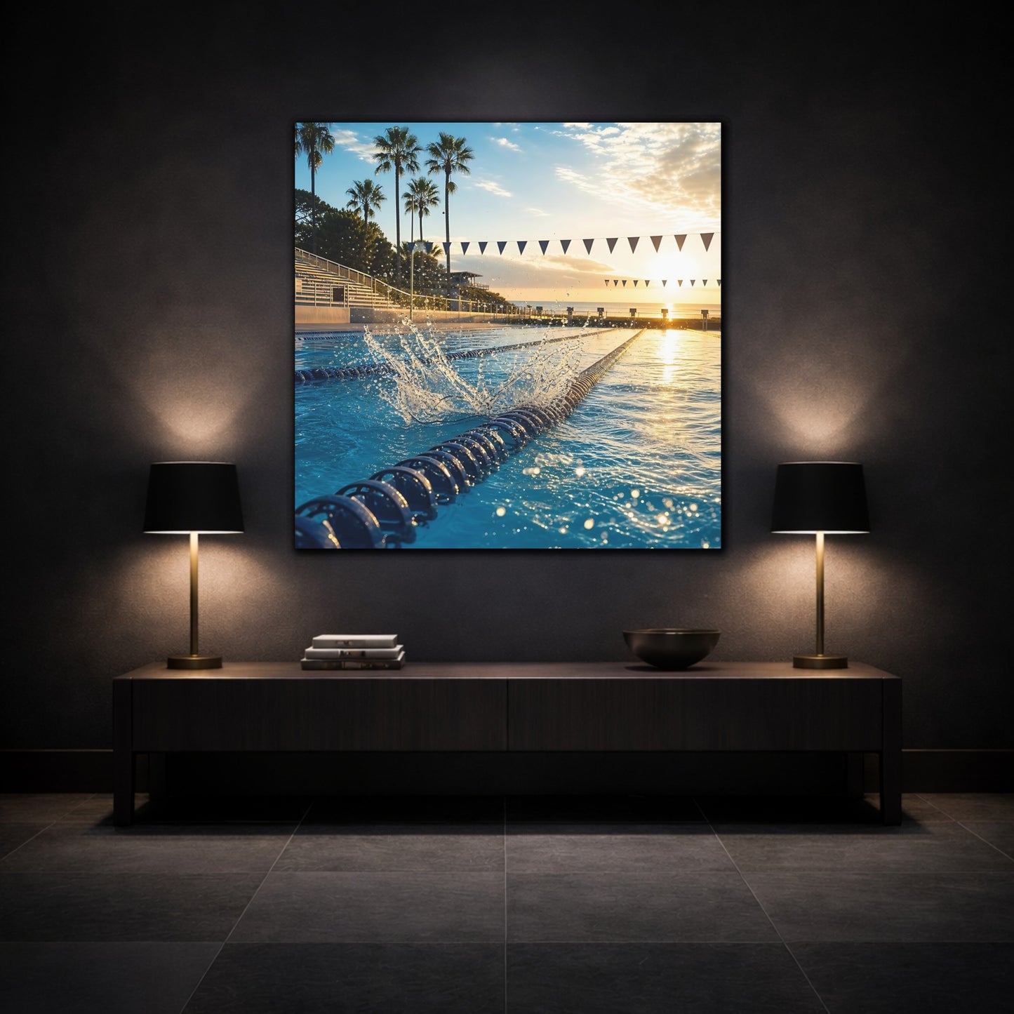 Mockup 3. Sunrise Swim Lane shown as canvas print
