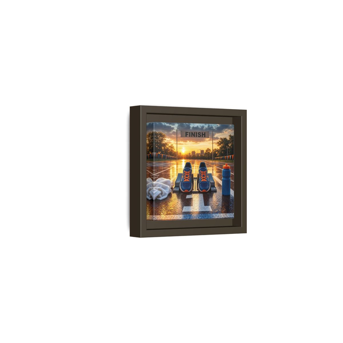 Side Mockup 23. Sunrise Track Start shown as framed canvas print