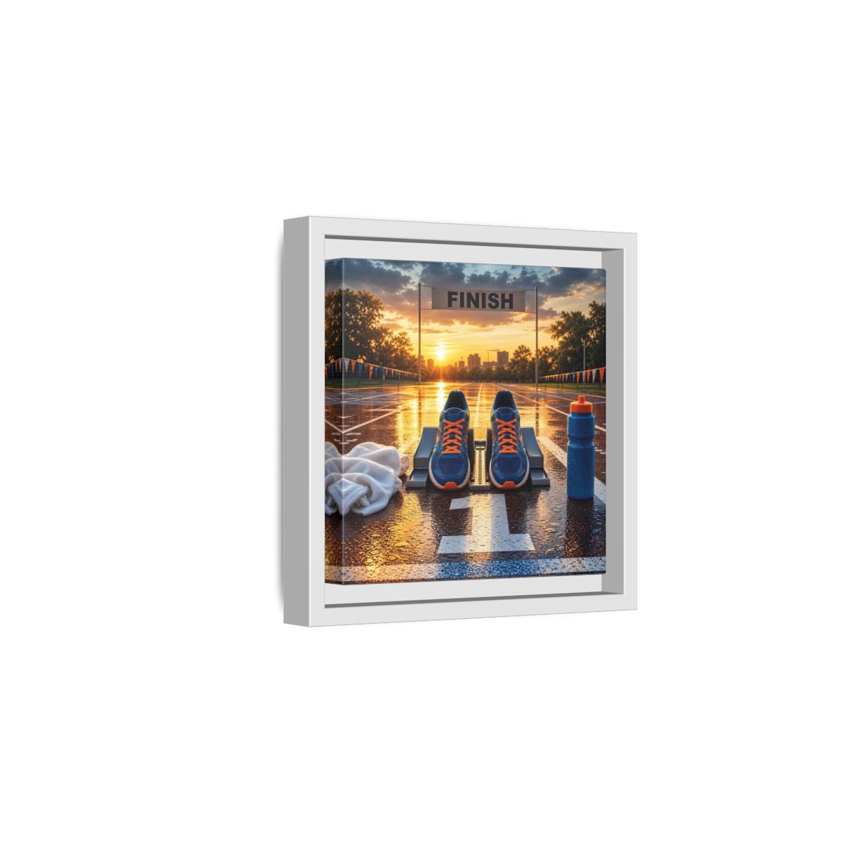Side Mockup 1. Sunrise Track Start shown as framed canvas print