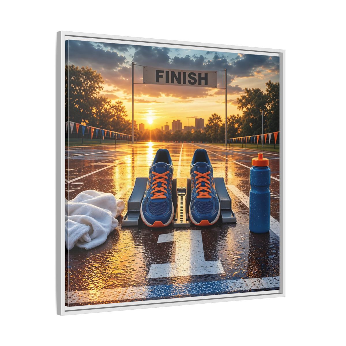 Side Mockup 25. Sunrise Track Start shown as framed canvas print
