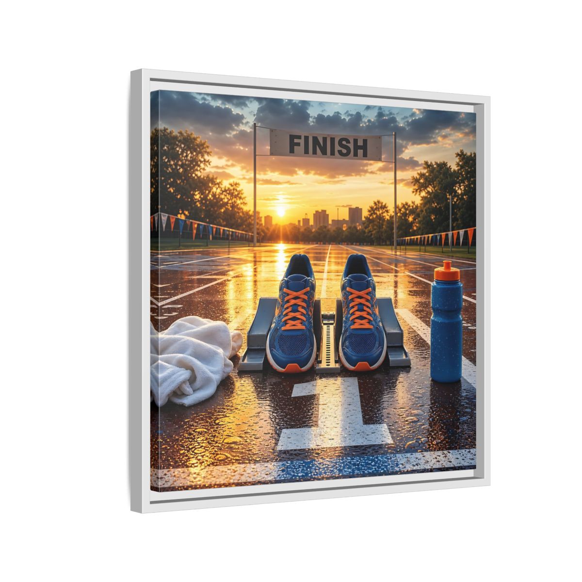 Side Mockup 10. Sunrise Track Start shown as framed canvas print