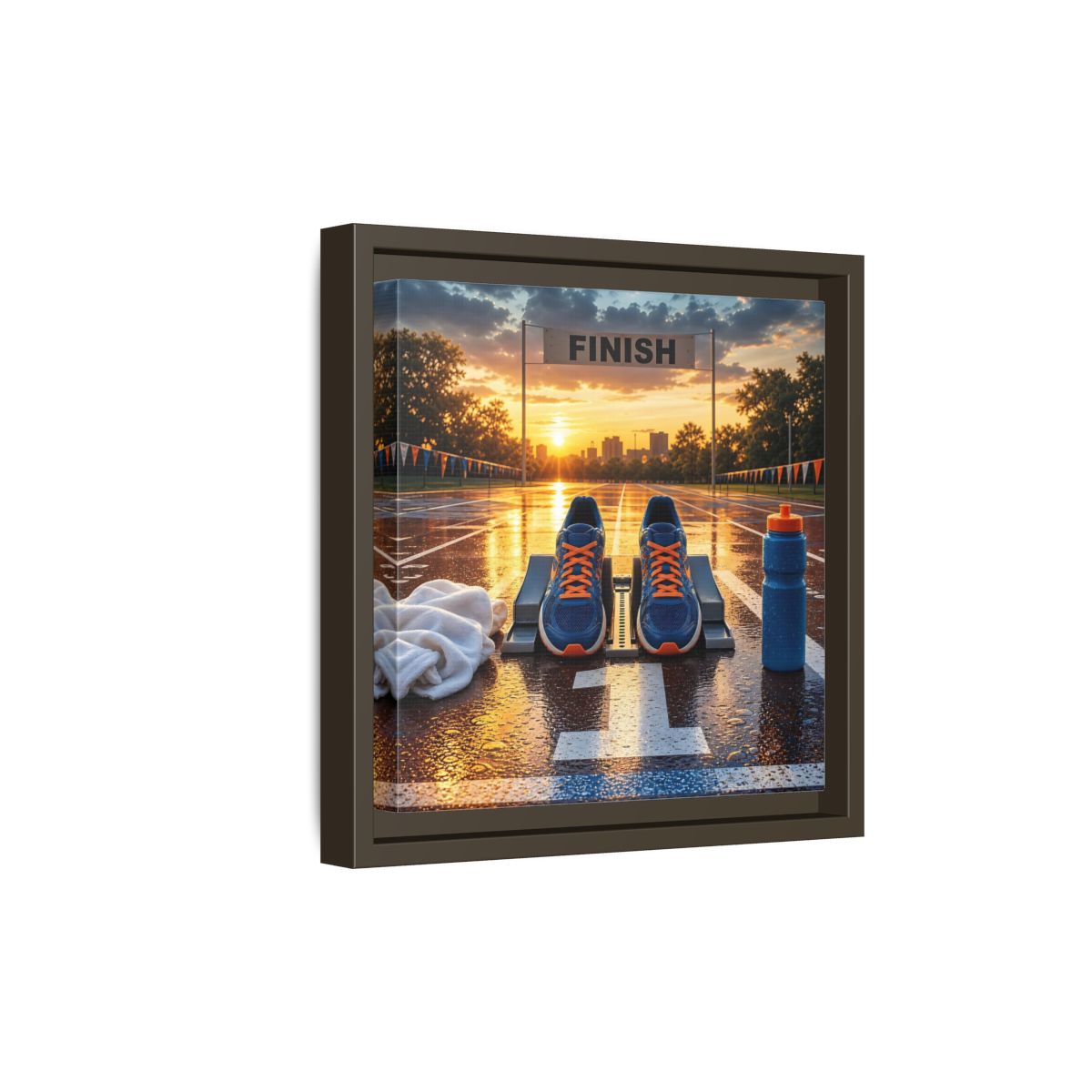 Side Mockup 20. Sunrise Track Start shown as framed canvas print