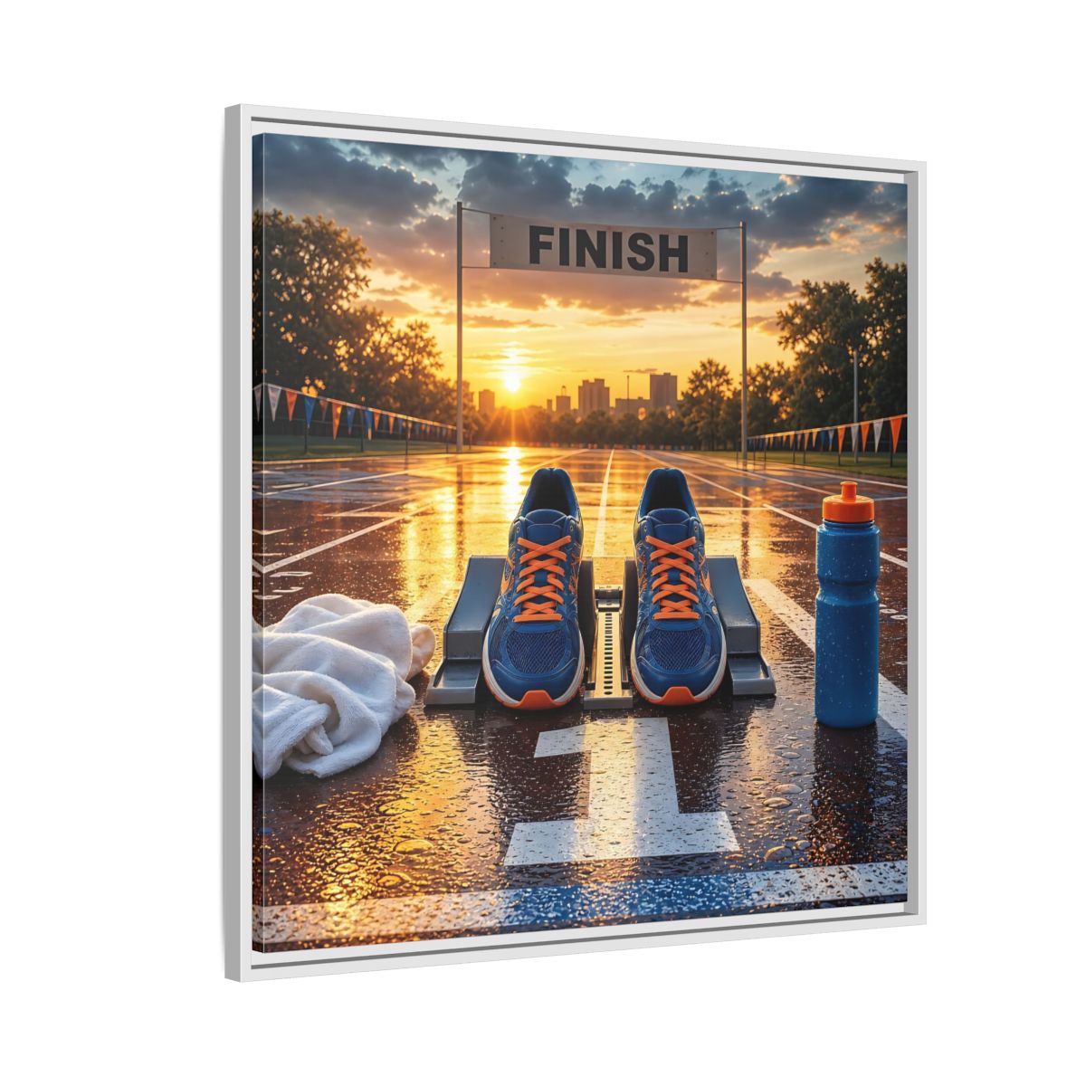 Side Mockup 7. Sunrise Track Start shown as framed canvas print