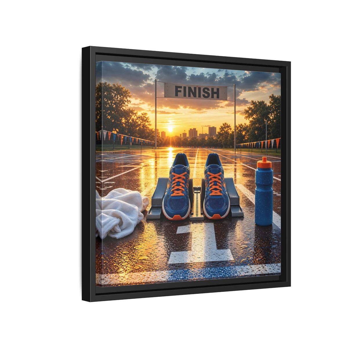 Side Mockup 15. Sunrise Track Start shown as framed canvas print