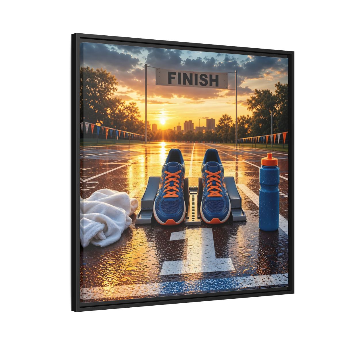 Side Mockup 9. Sunrise Track Start shown as framed canvas print
