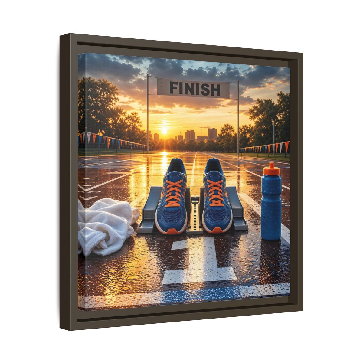 Side Mockup 29. Sunrise Track Start shown as framed canvas print