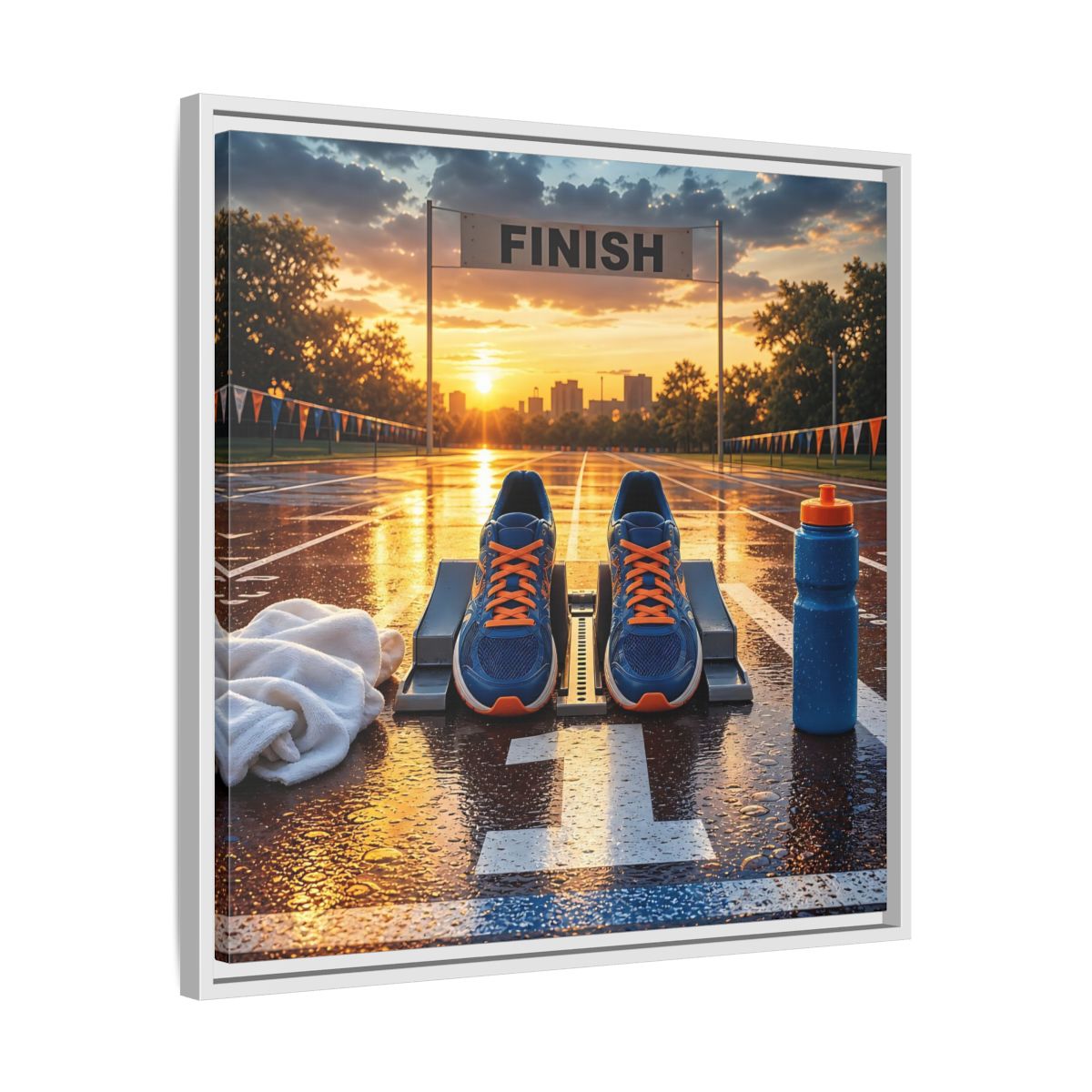 Side Mockup 26. Sunrise Track Start shown as framed canvas print