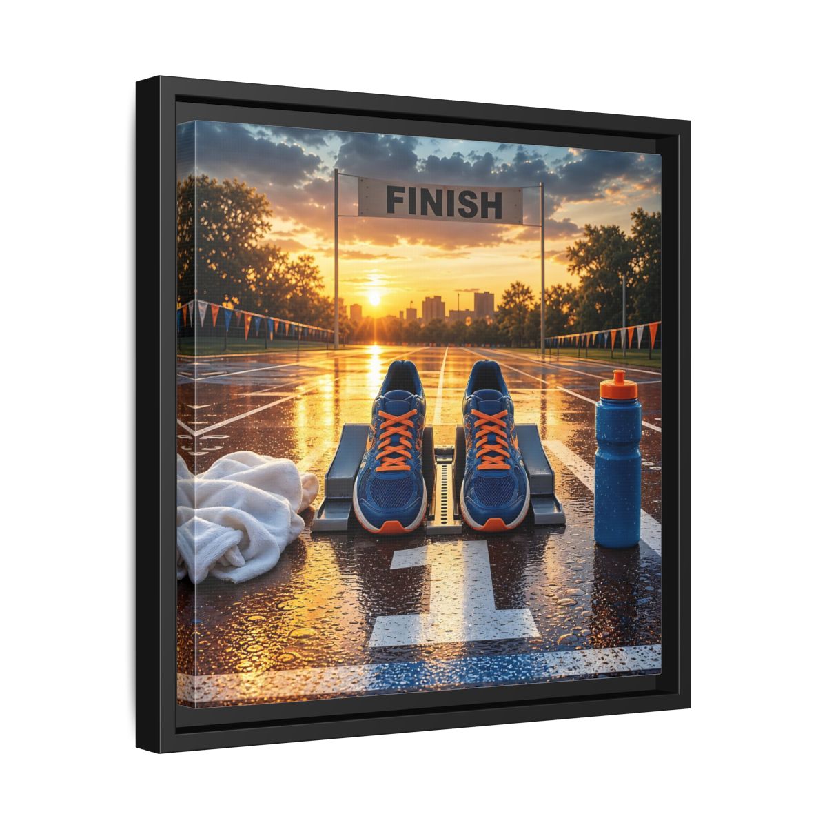 Side Mockup 32. Sunrise Track Start shown as framed canvas print