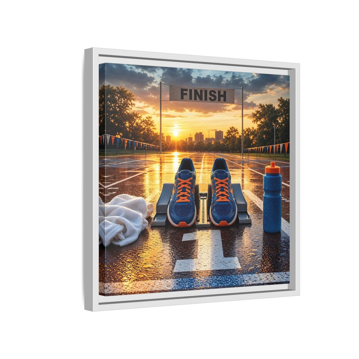 Side Mockup 13. Sunrise Track Start shown as framed canvas print