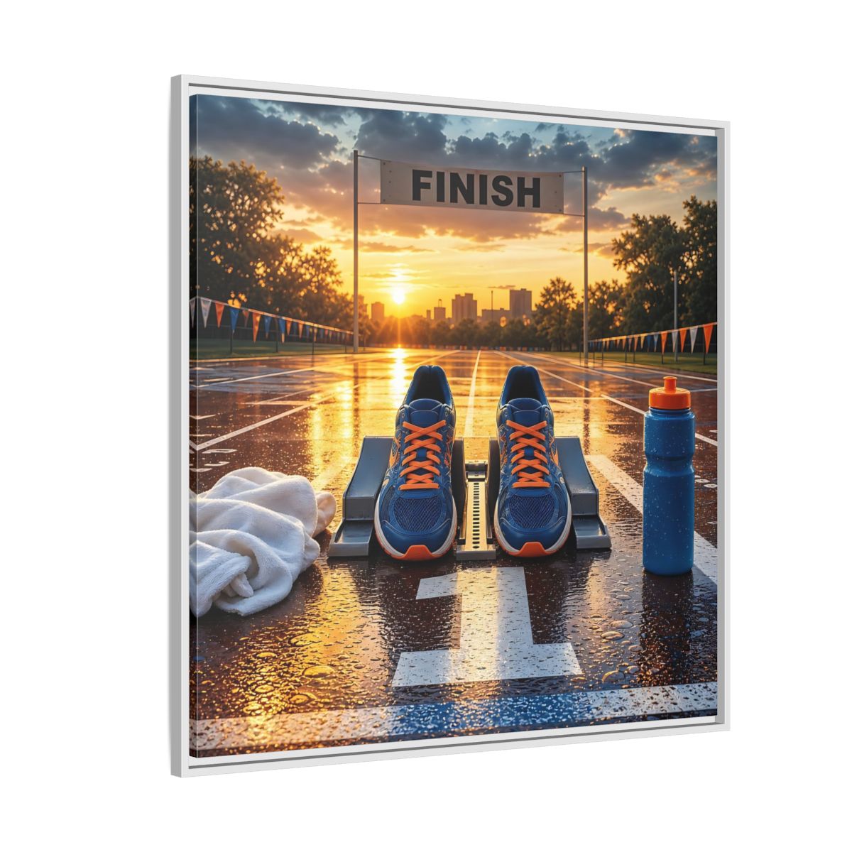 Side Mockup 4. Sunrise Track Start shown as framed canvas print