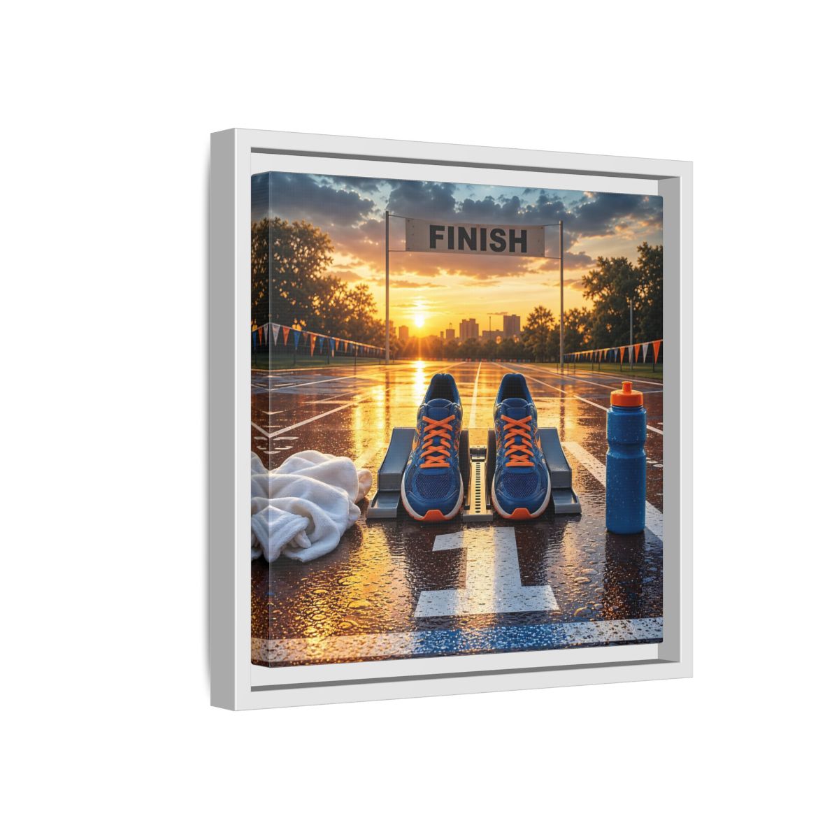 Side Mockup 16. Sunrise Track Start shown as framed canvas print