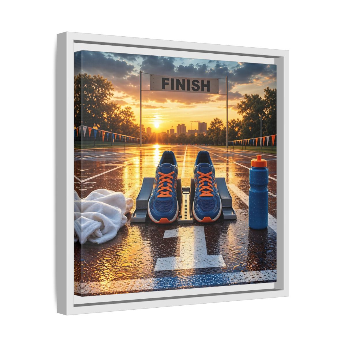Side Mockup 28. Sunrise Track Start shown as framed canvas print