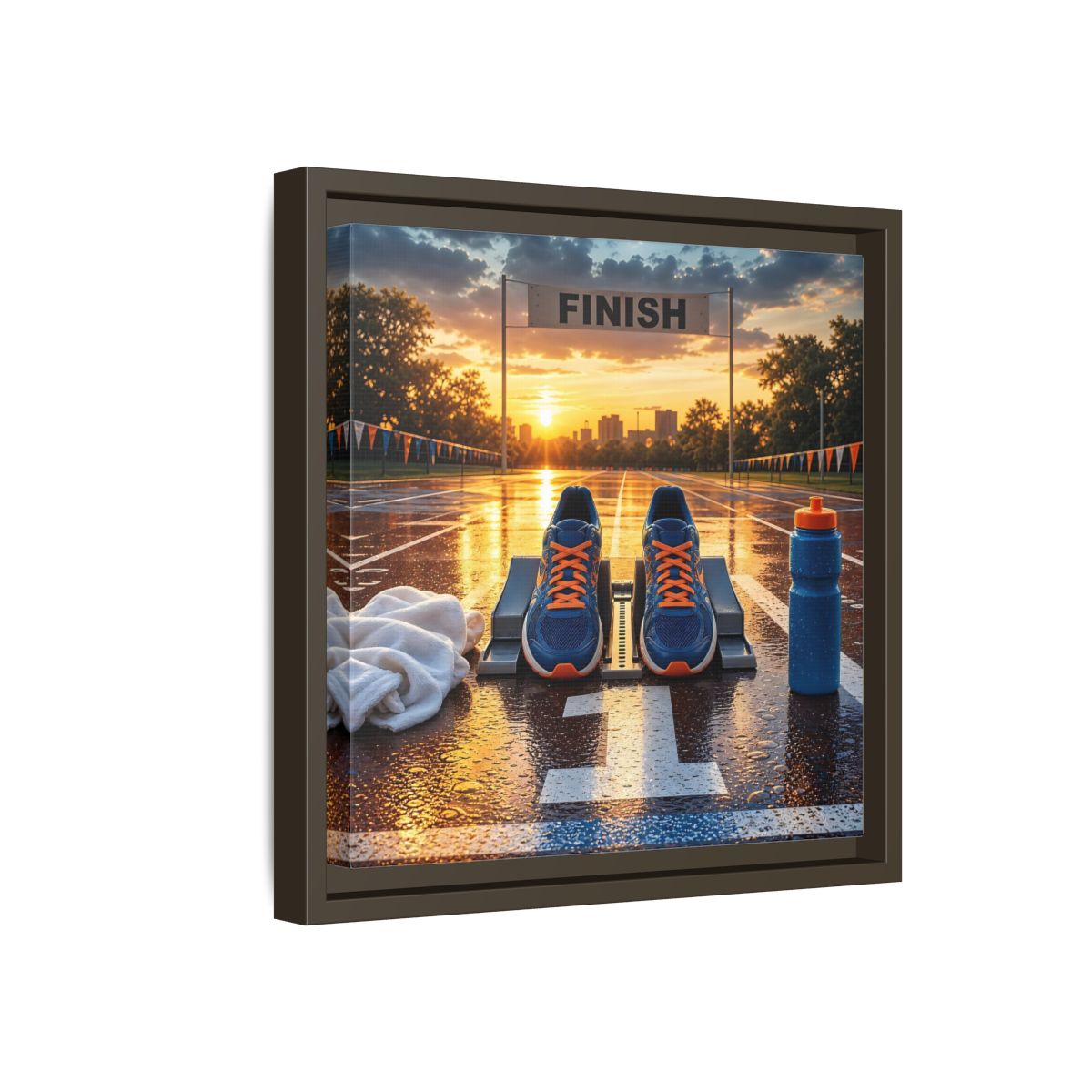 Side Mockup 17. Sunrise Track Start shown as framed canvas print