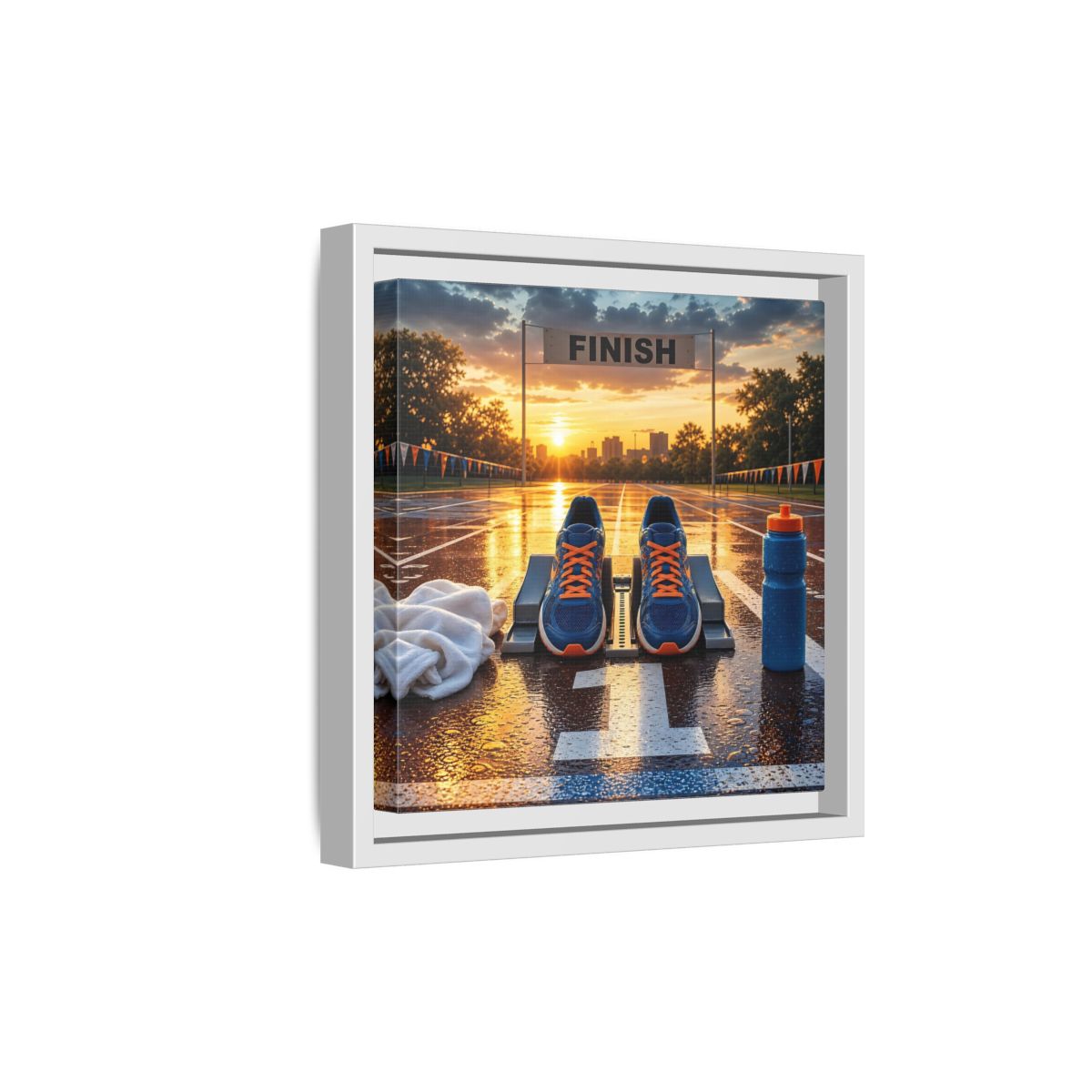 Side Mockup 19. Sunrise Track Start shown as framed canvas print