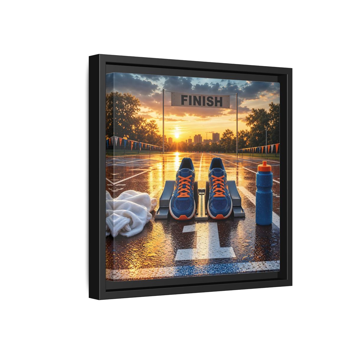 Side Mockup 18. Sunrise Track Start shown as framed canvas print