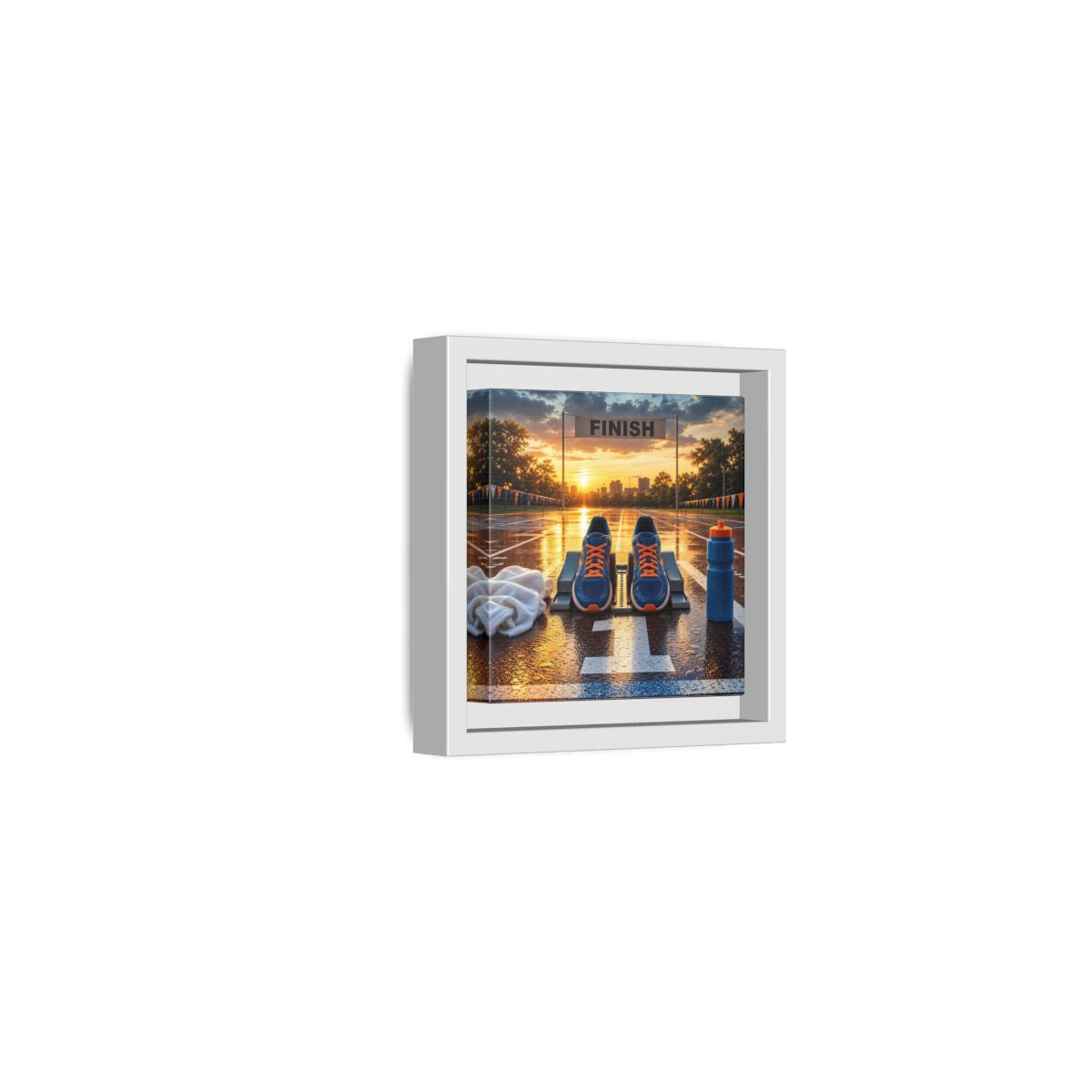 Side Mockup 22. Sunrise Track Start shown as framed canvas print