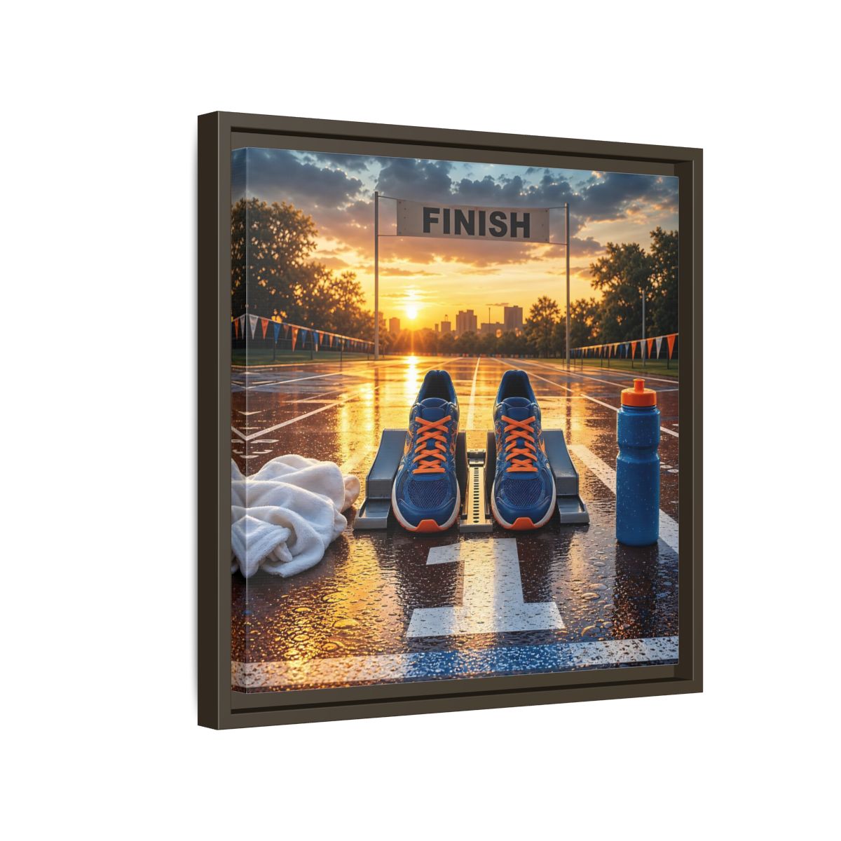 Side Mockup 14. Sunrise Track Start shown as framed canvas print