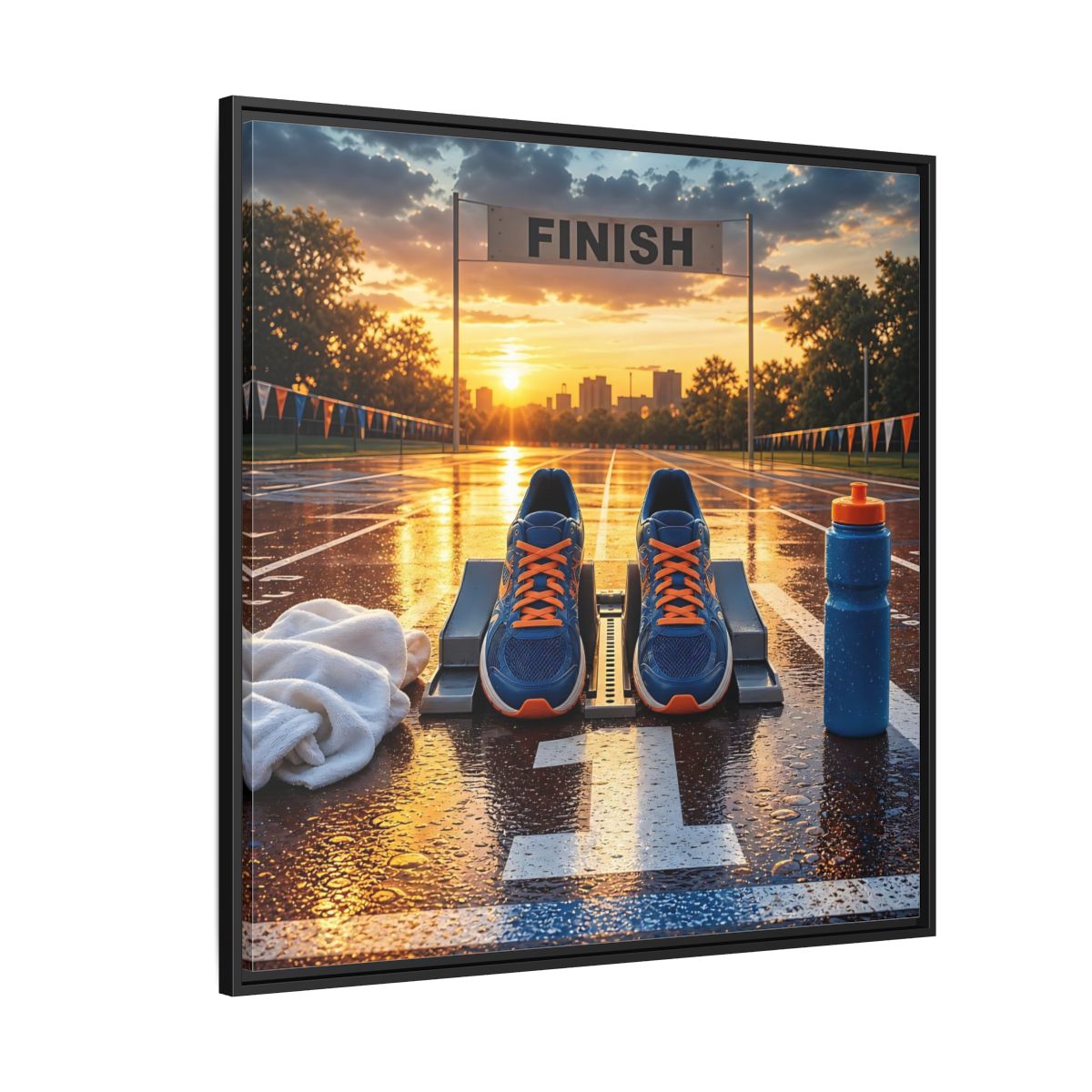 Side Mockup 6. Sunrise Track Start shown as framed canvas print