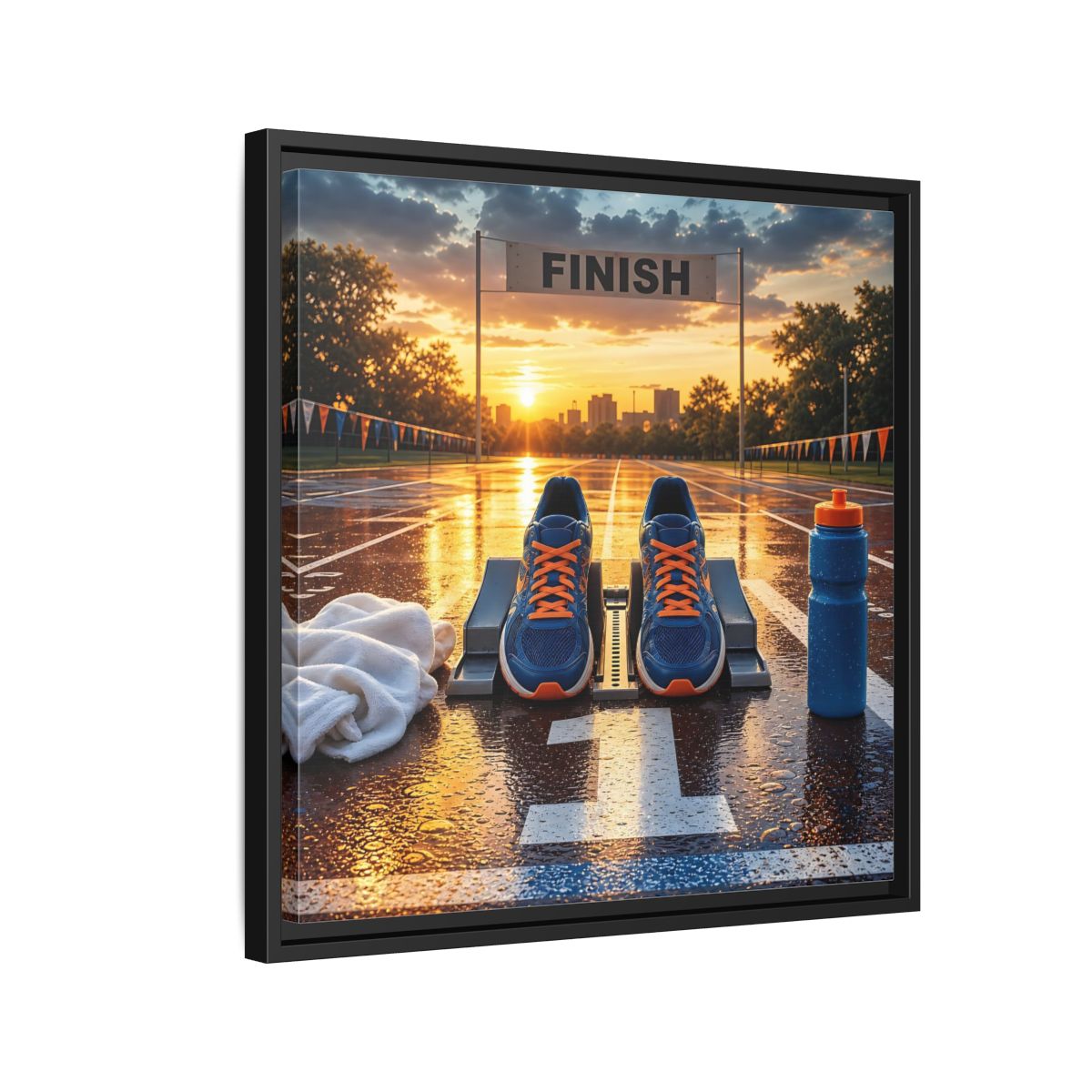 Side Mockup 12. Sunrise Track Start shown as framed canvas print