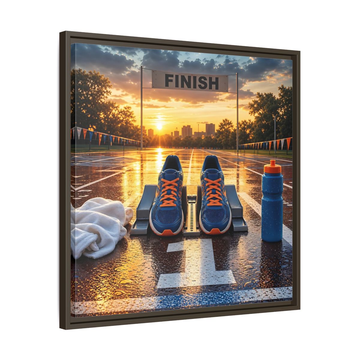 Side Mockup 27. Sunrise Track Start shown as framed canvas print