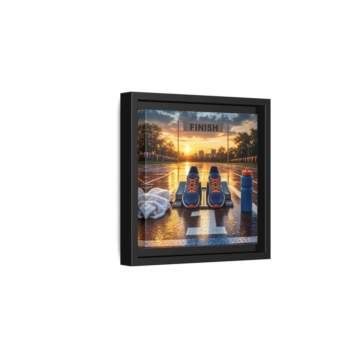 Side Mockup 3. Sunrise Track Start shown as framed canvas print