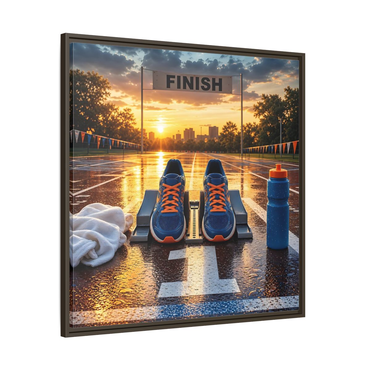 Main Mockup. Sunrise Track Start shown as framed canvas print