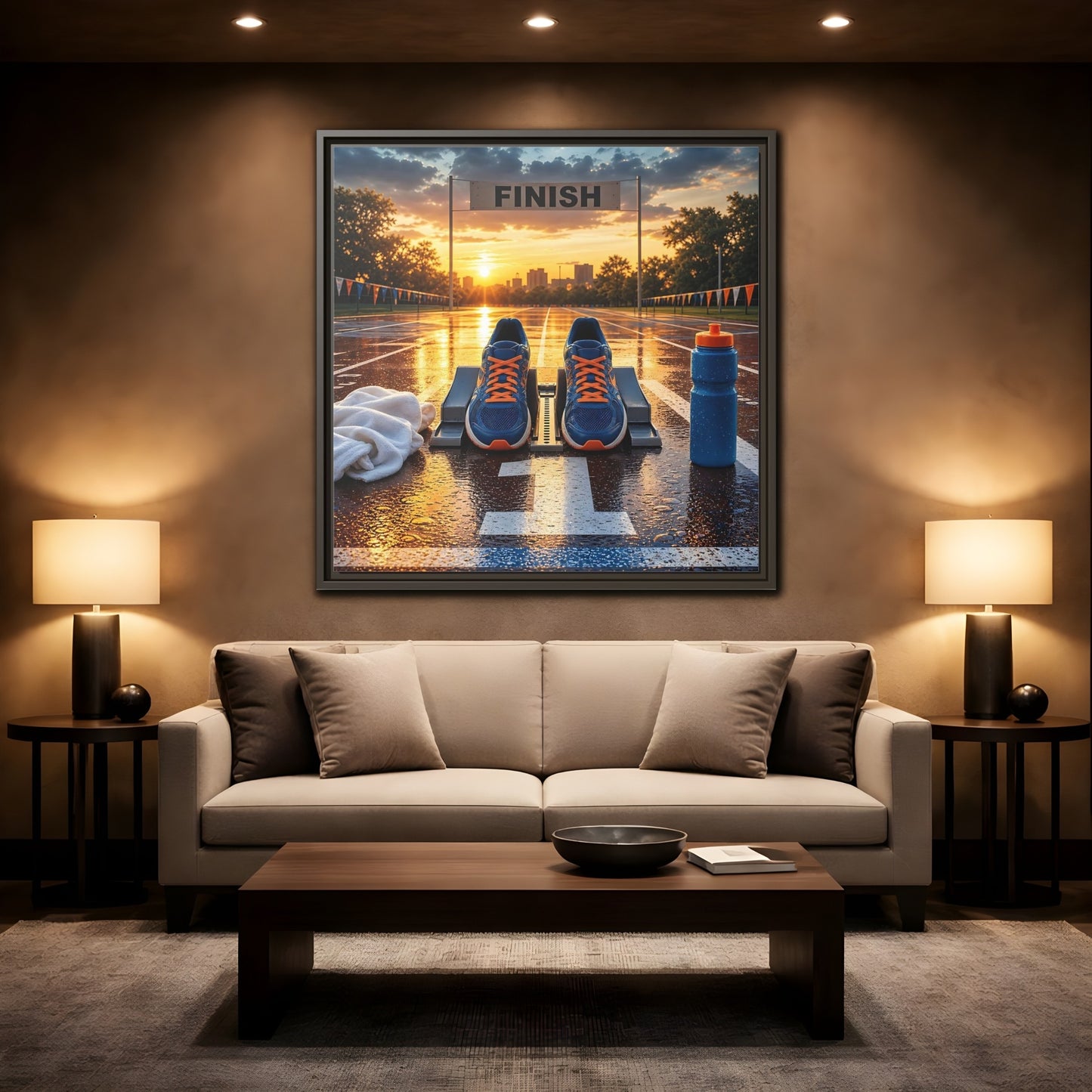 Mockup 2. Sunrise Track Start shown as framed canvas print