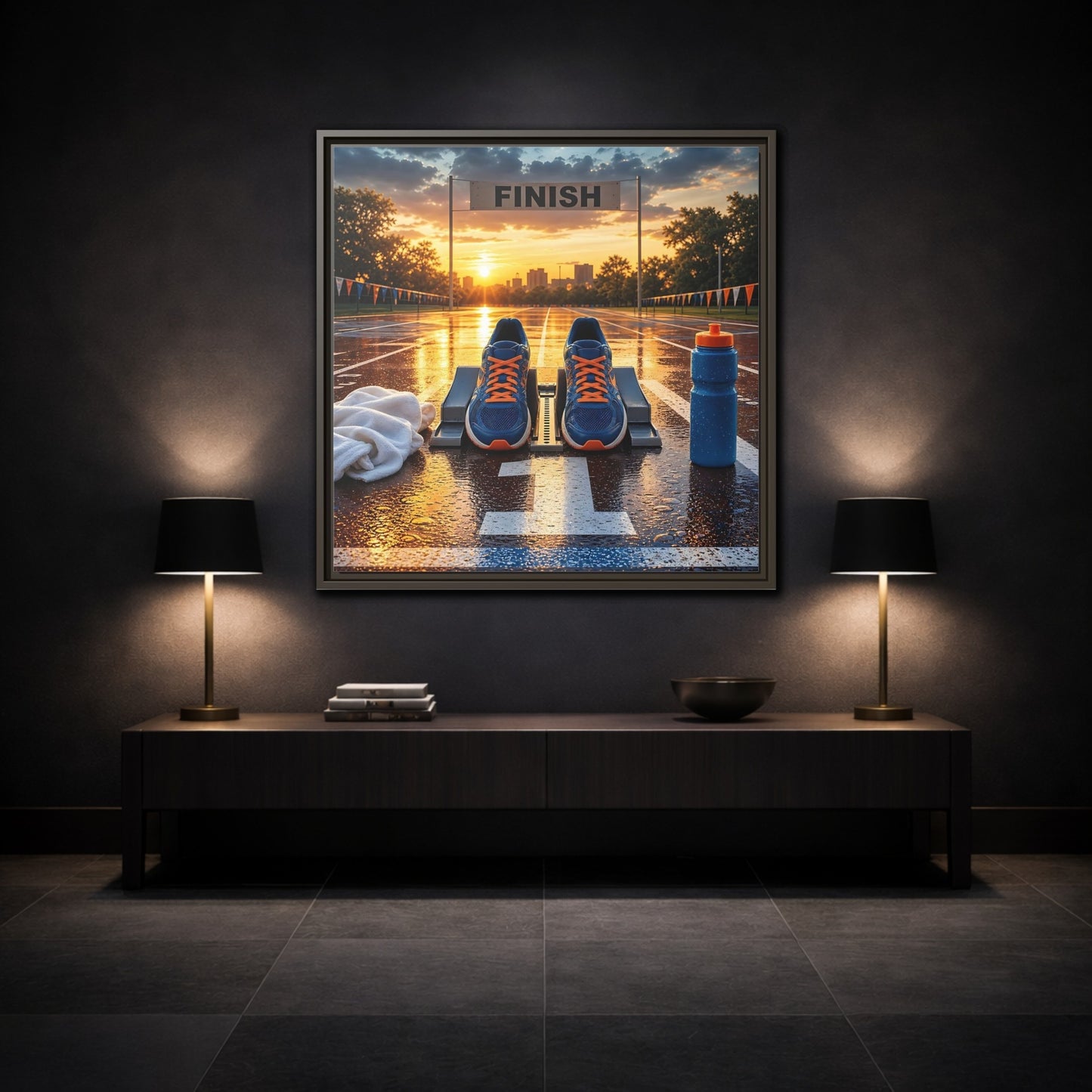 Mockup 3. Sunrise Track Start shown as framed canvas print