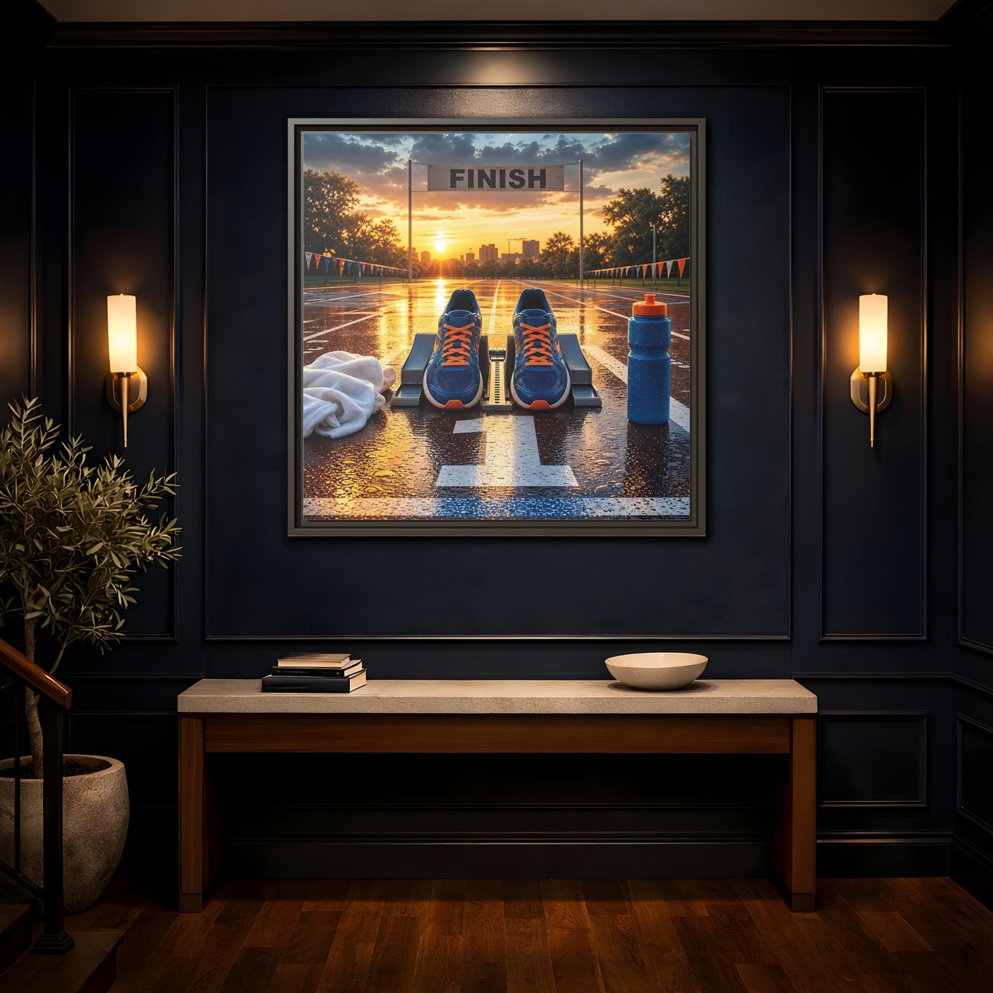 Mockup 4. Sunrise Track Start shown as framed canvas print