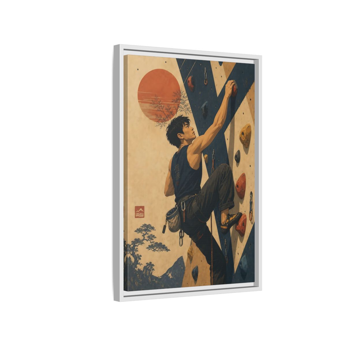 Side Mockup 1. Sunrise Wall Climber shown as framed canvas print