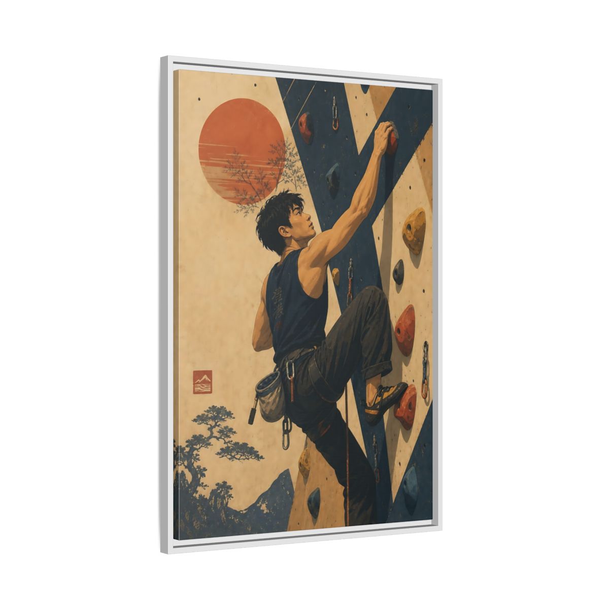 Side Mockup 9. Sunrise Wall Climber shown as framed canvas print