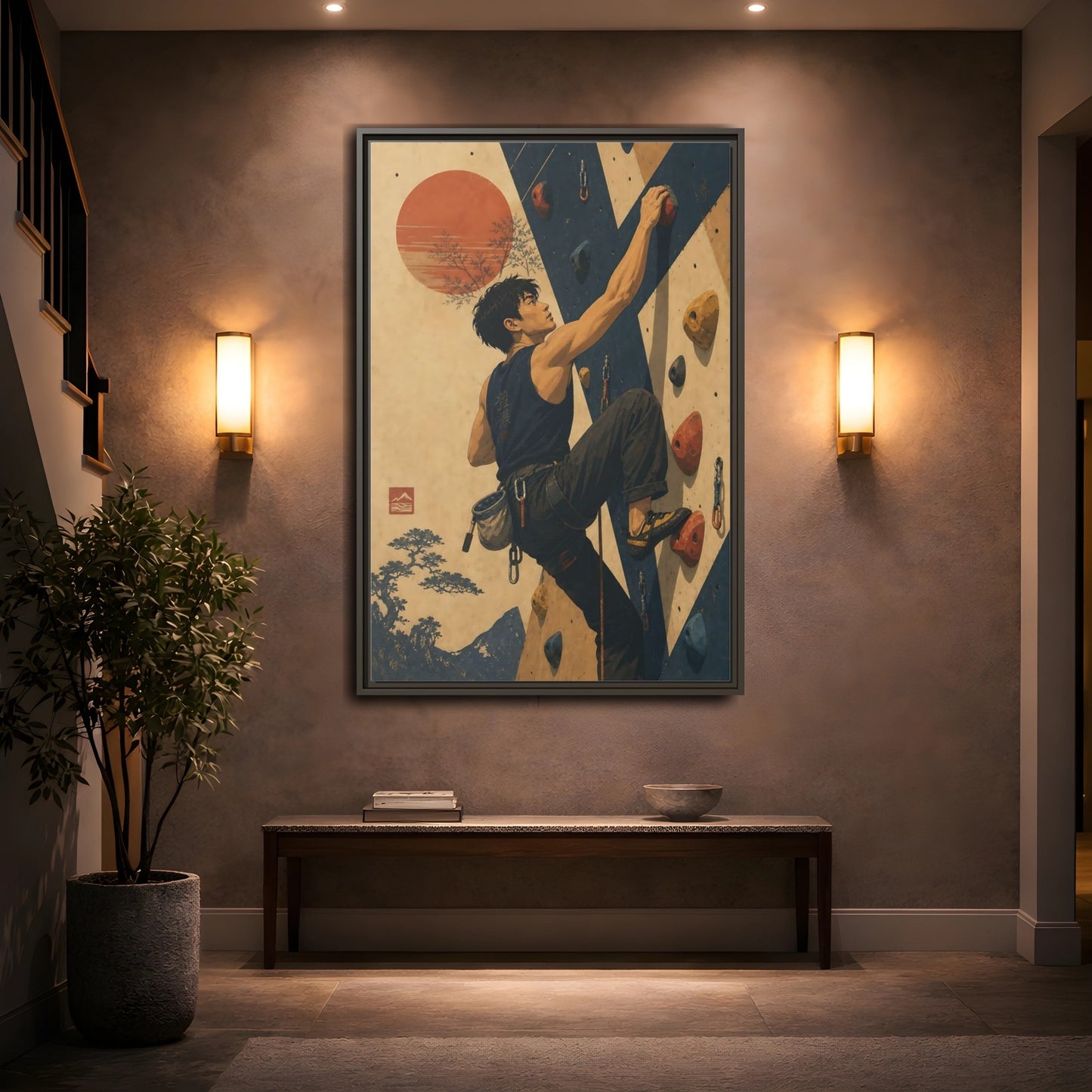 Mockup 2. Sunrise Wall Climber shown as framed canvas print