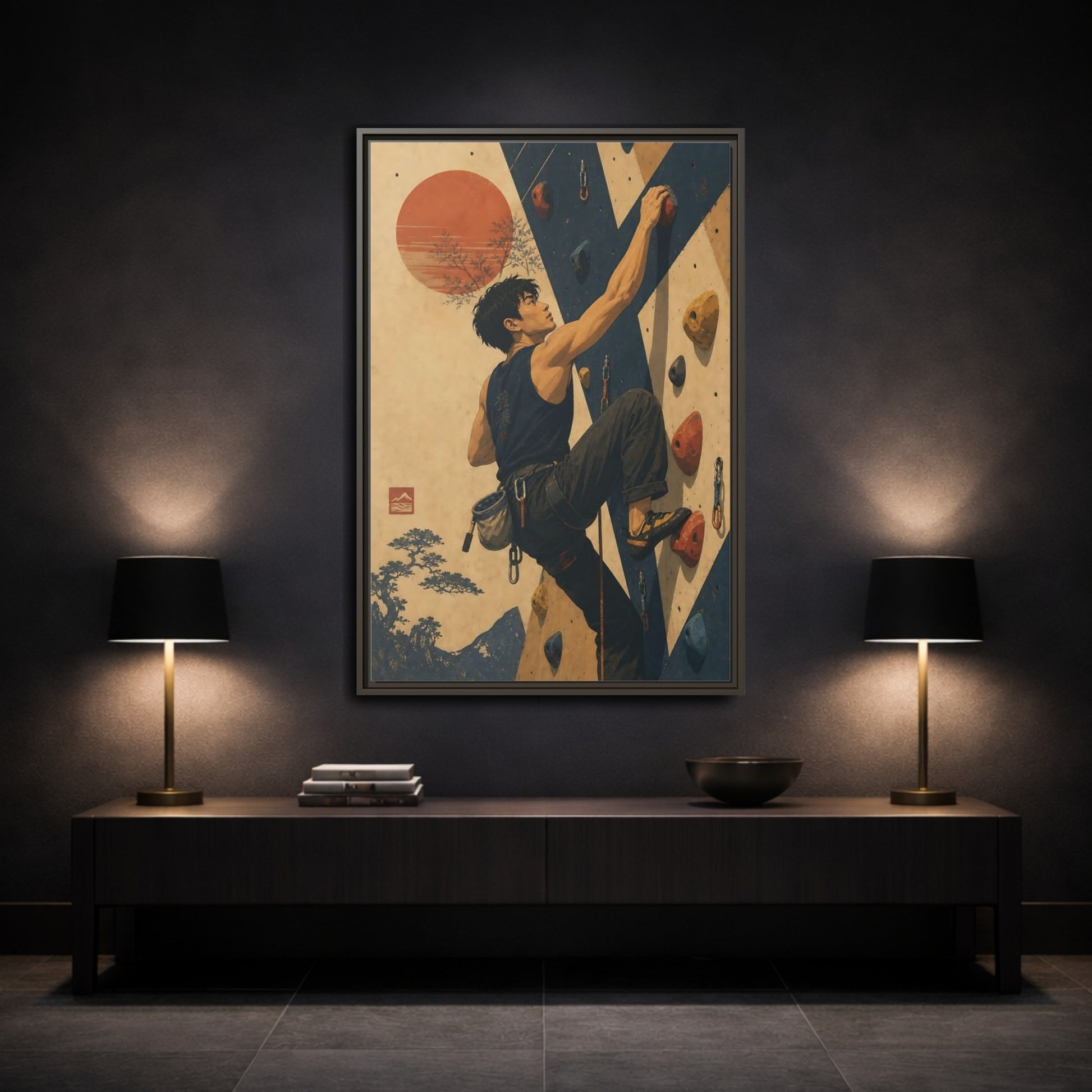 Mockup 3. Sunrise Wall Climber shown as framed canvas print