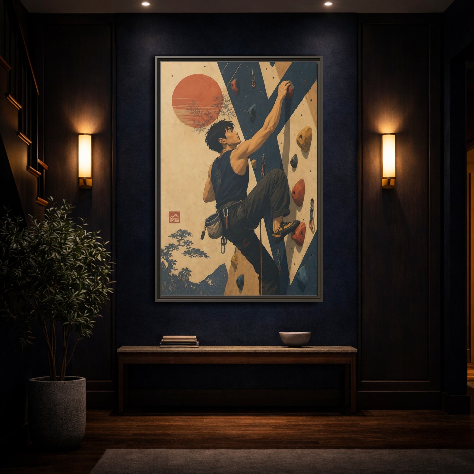 Mockup 4. Sunrise Wall Climber shown as framed canvas print
