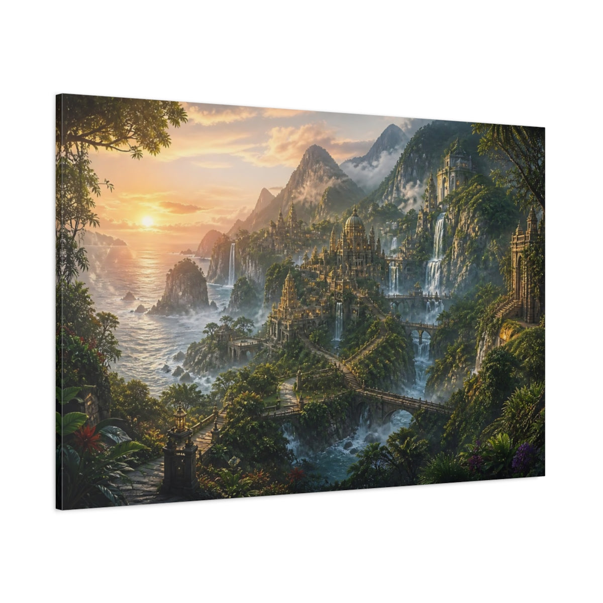 Side Mockup 1. Sunrise Waterfall City shown as canvas print