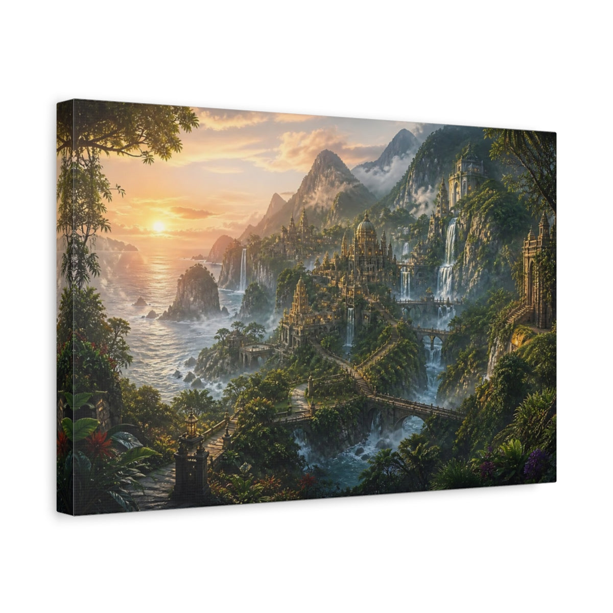 Side Mockup 4. Sunrise Waterfall City shown as canvas print