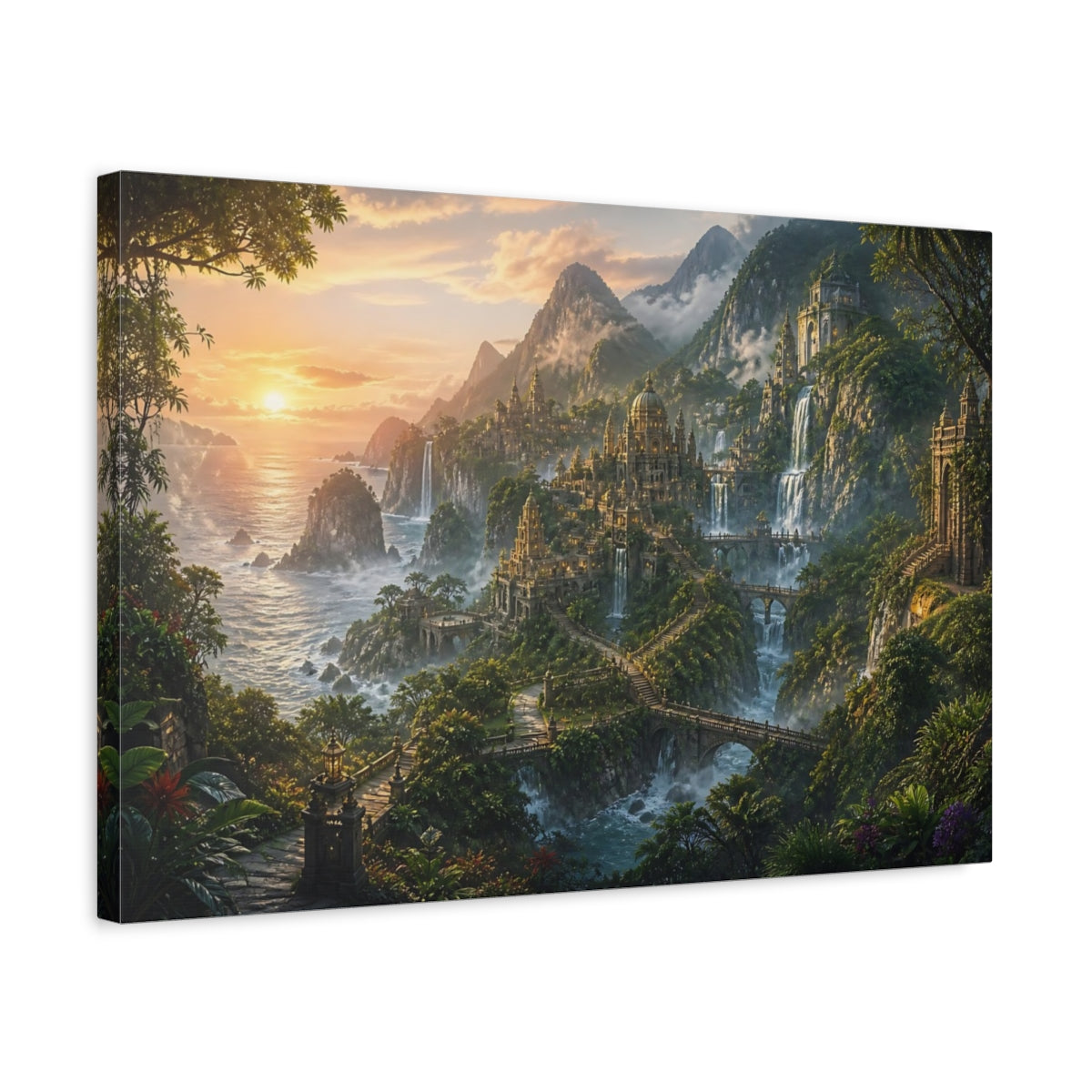 Side Mockup 3. Sunrise Waterfall City shown as canvas print