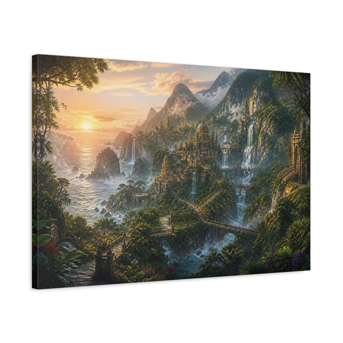 Side Mockup 2. Sunrise Waterfall City shown as canvas print