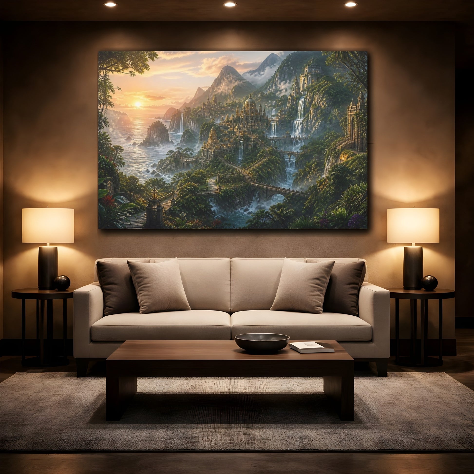 Mockup 2. Sunrise Waterfall City shown as canvas print
