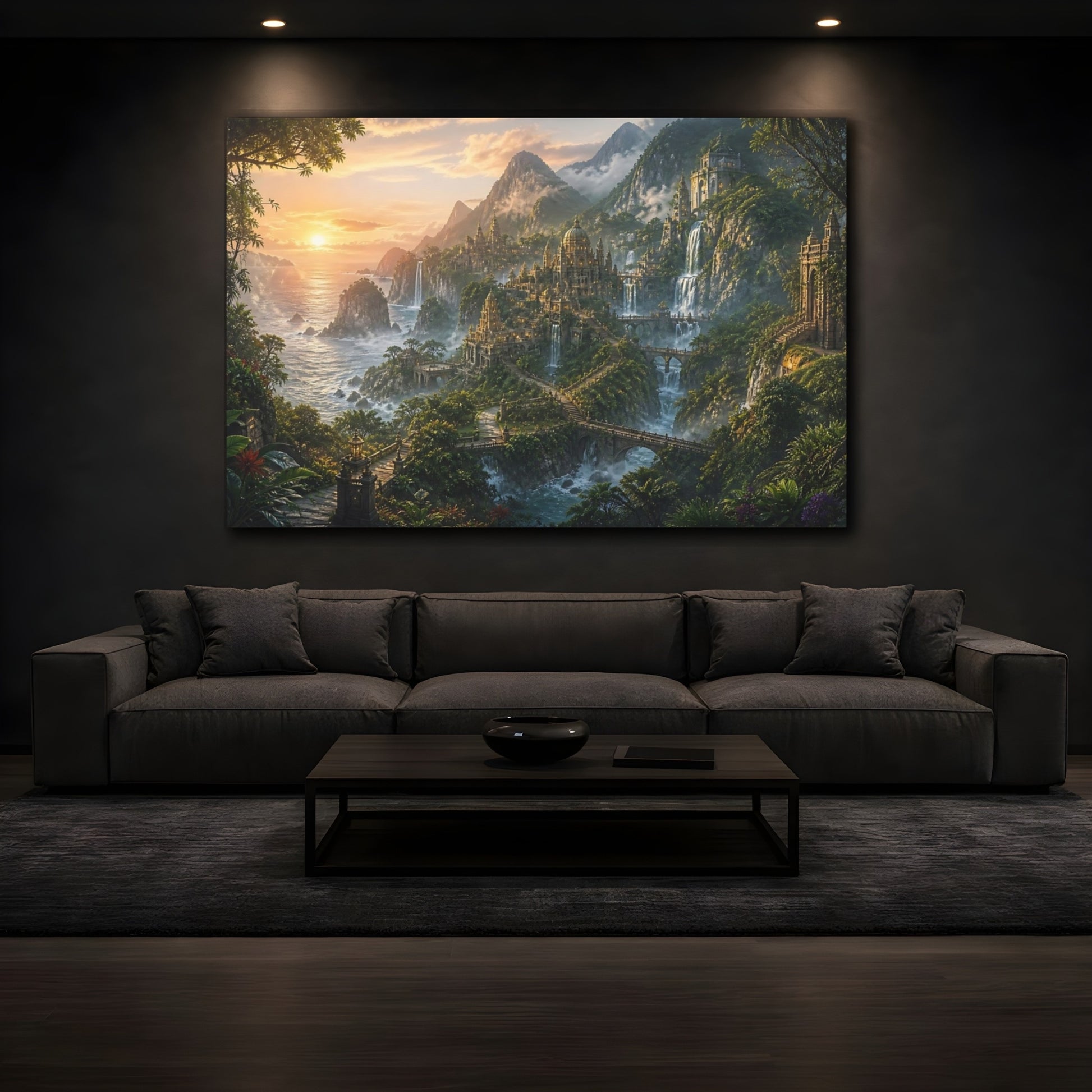 Mockup 3. Sunrise Waterfall City shown as canvas print